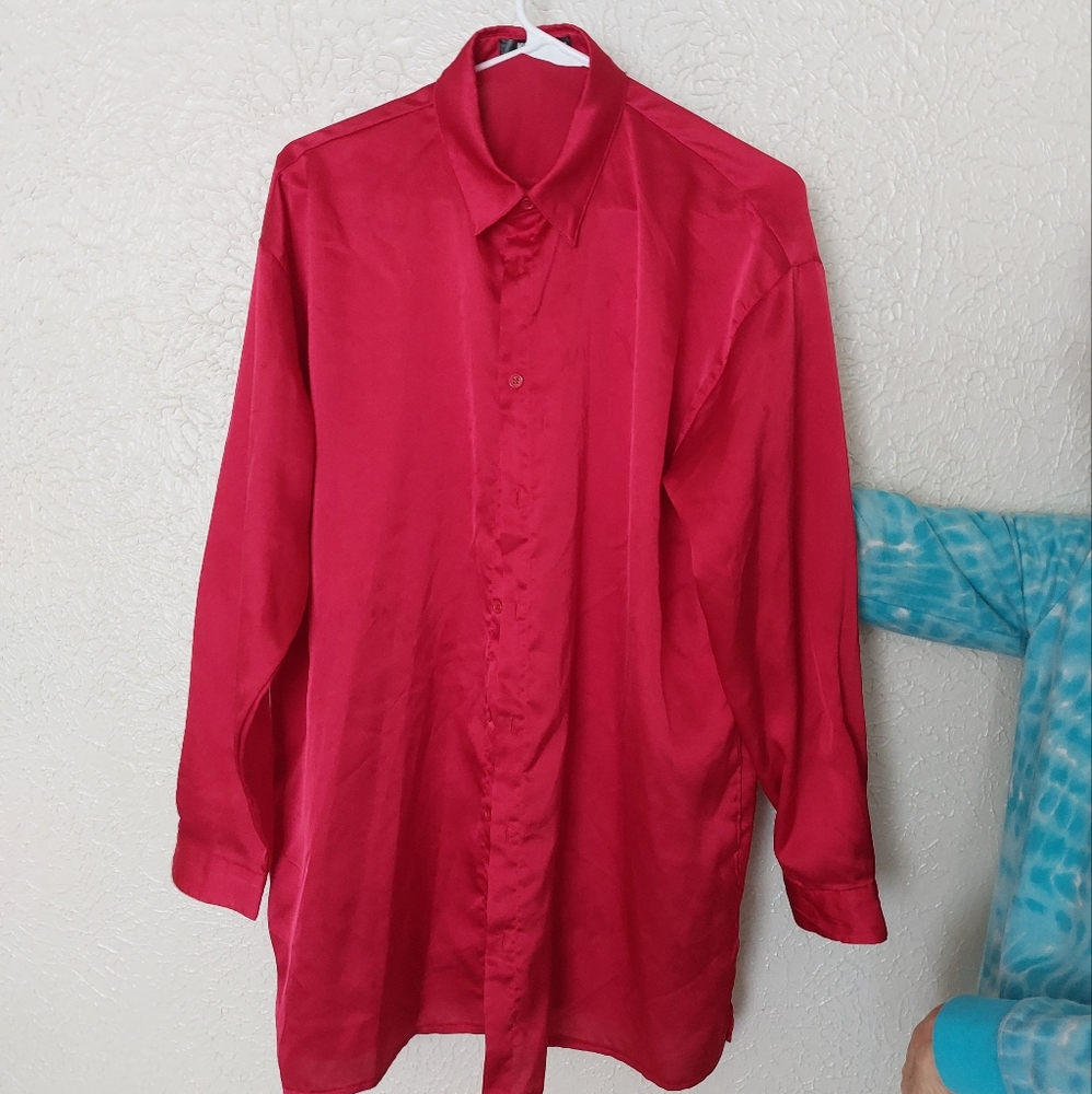 Tall red extreme oversize satin shirt, US size 4, Missguided